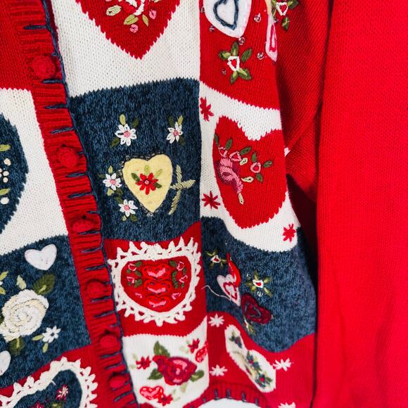 Vintage Heirloom Collections Heart Patchwork Embroidered Cardigan Sweater Size L - Picture 6 of 8